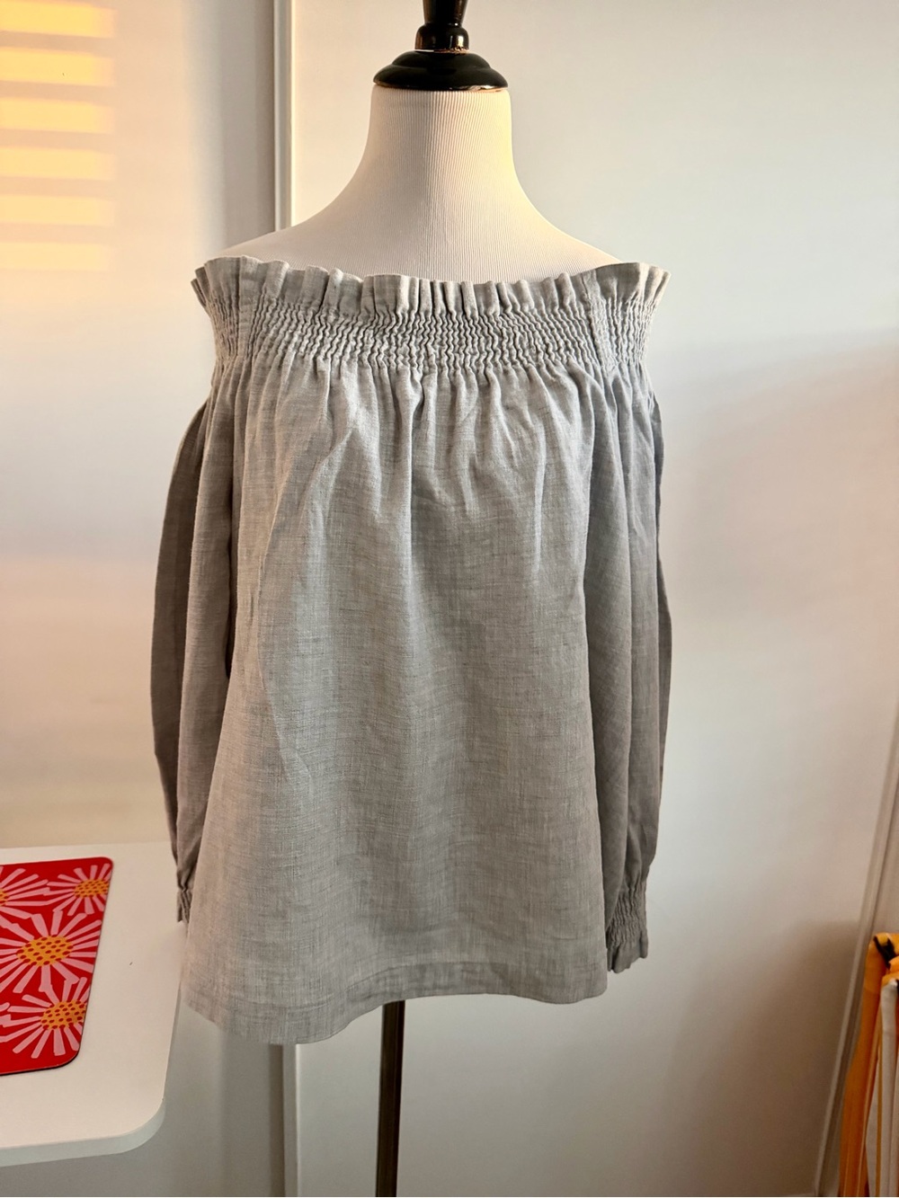 LOFT Light Gray Off-Shoulder Smocked Top